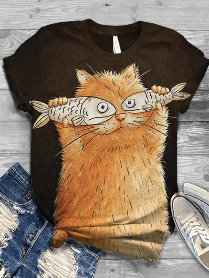 Women Plus Size Animal Cat Printed Casual Crew Neck Shirt & Top