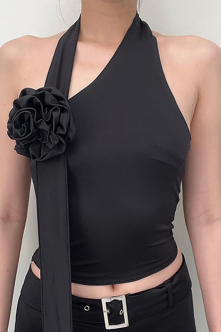 Floral Decor Straps Irregular Tied Up Slim Party Crop Top