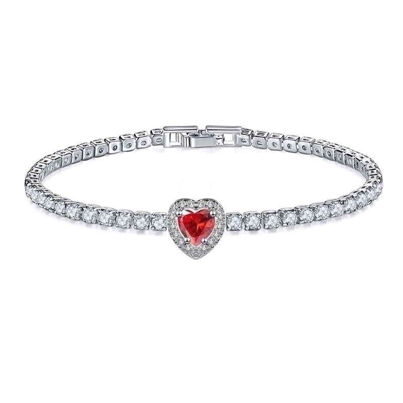 Copper Rhodium Plated Minimalist Shiny Inlay Round Water Droplets Heart Shape Zircon Tennis Bracelet