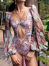 Sexy V-Neck Bandage Printing Long Sleeves One-Piece Swimwear