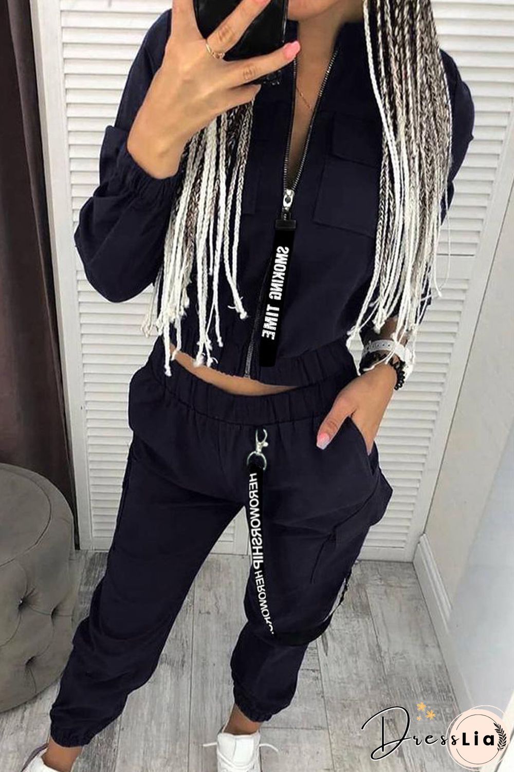 Casual Solid Zipper Mandarin Collar Three Quarter Two Pieces(3 Colors)