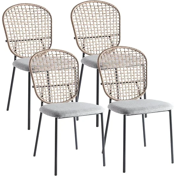 Dining Chair Set of 4, Rattan Kitchen Chairs with Metal Legs, Mid Century Modern Side Chairs with Upholstered Seat for Dining Room, Kitchen, Living Room