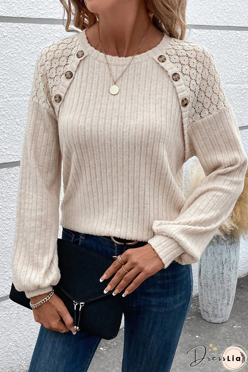 Cozy Knit Lace Detail Ribbed Top with Buttoned Raglan Sleeves