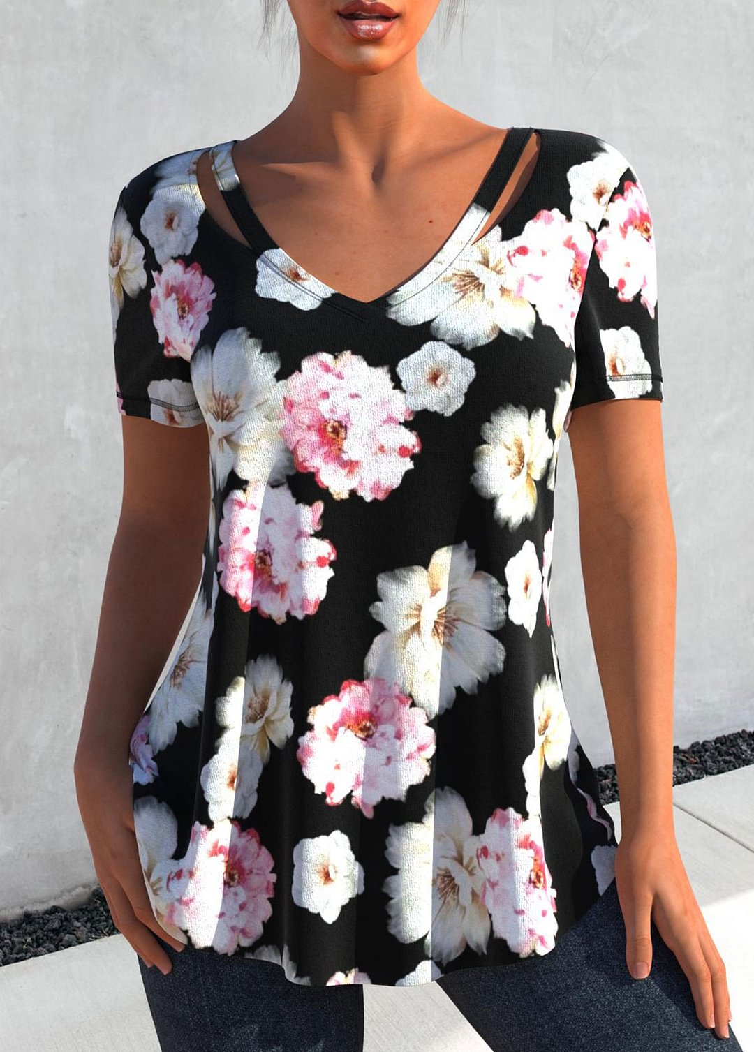 Black Floral Print Short Sleeve V Neck T Shirt