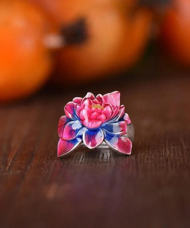 Retro Red Sterling Silver Cloisonne Lotus Rings