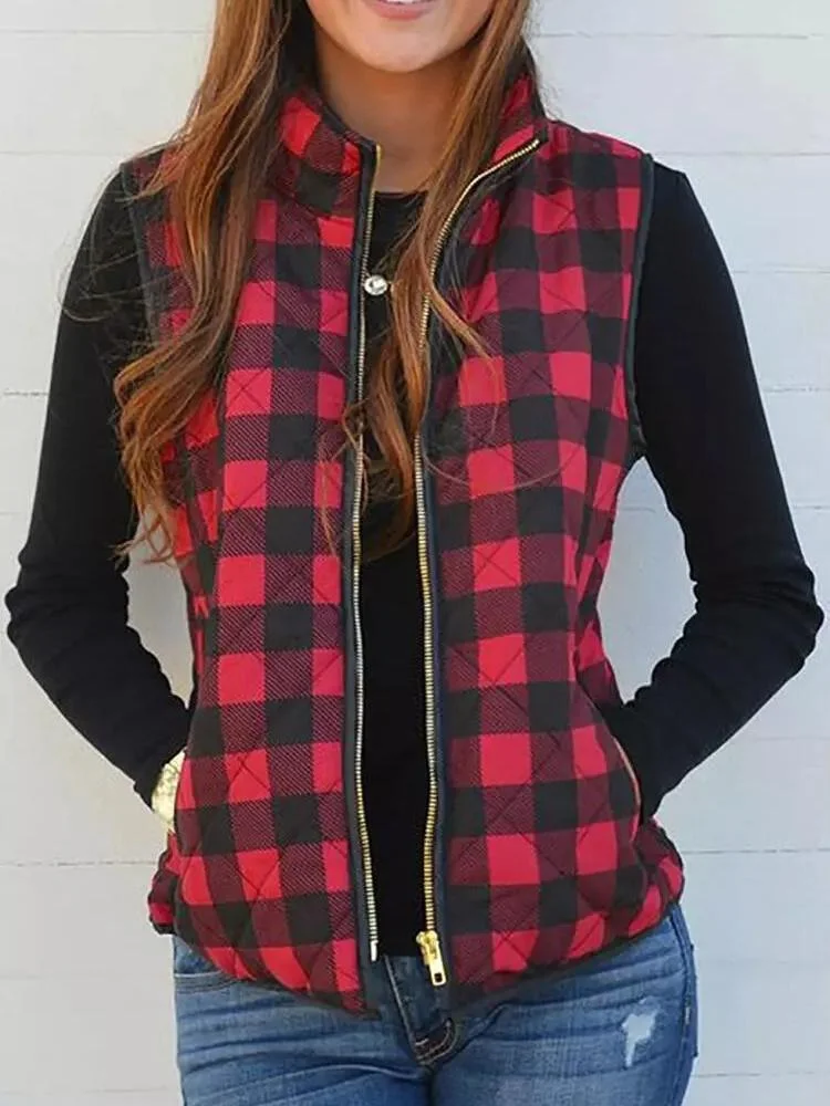 Women's Sleeveless Scoop Neck Plaid Printed Coats Top