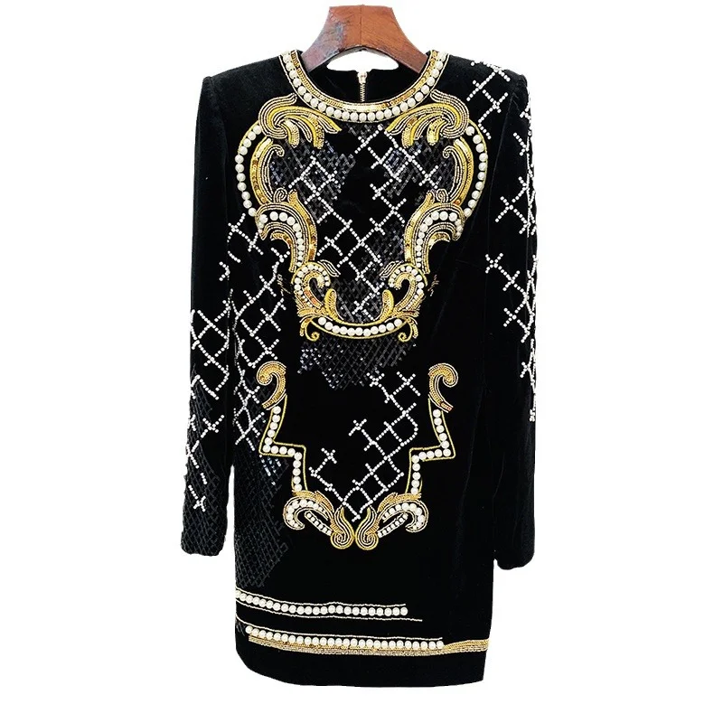 Nigikala Nigikala Heavy Industry Embroidery Slitting Nails Long-Sleeved Gold Velvet Bag Hip Dress For Autumn/Winter 2025