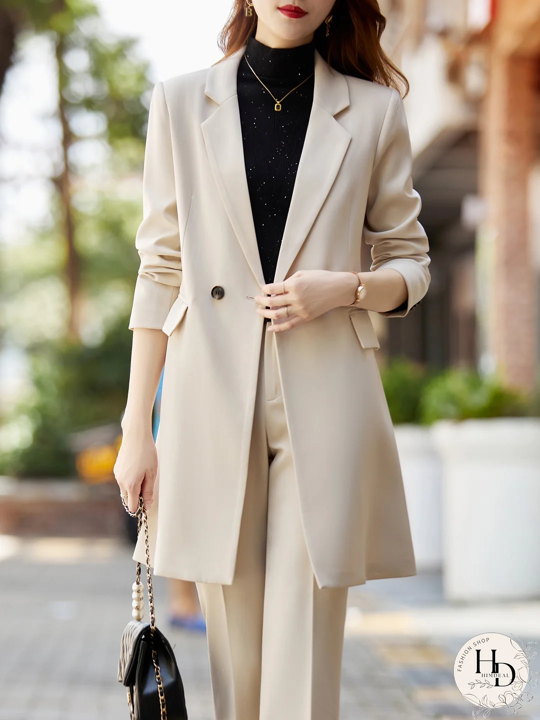 Solid Notched Collar Blazer, Elegant Dual Pockets Long Sleeve Blazer For Office & Work, Women's Clothing