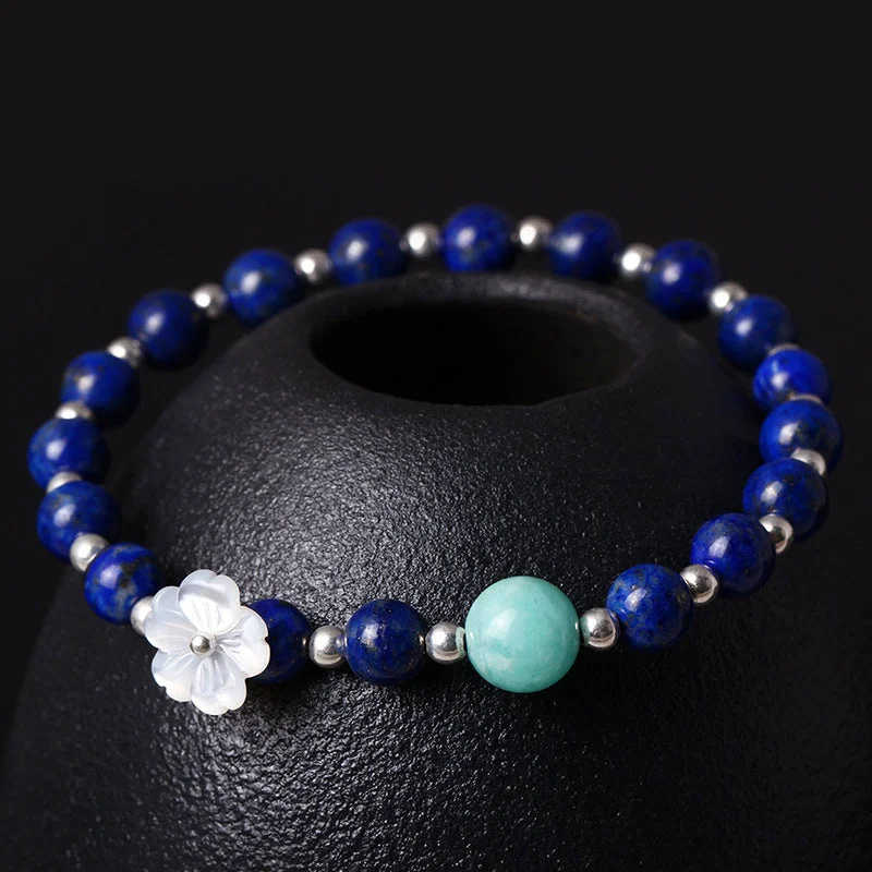 925 Sterling Silver Lazurite Amazonite Flower Positive Bracelet