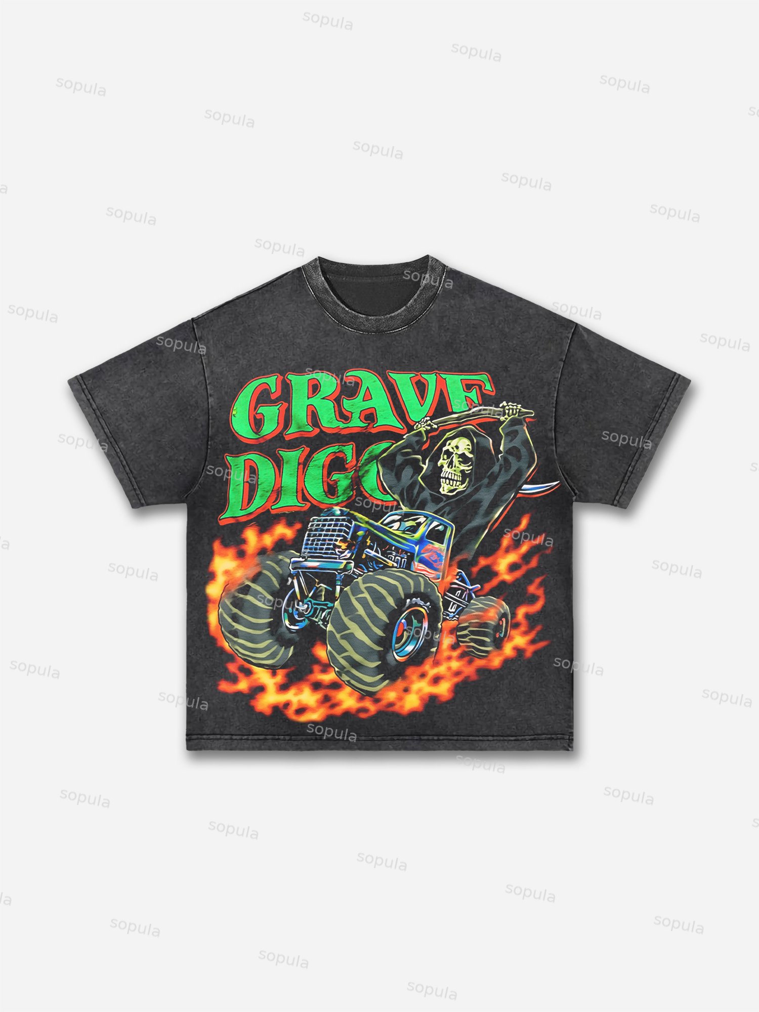 Ultra Rare Grave Digger Graphic Acid Wash T-shirt - Sopula｜Premium Graphic Tees & Graphic Clothing