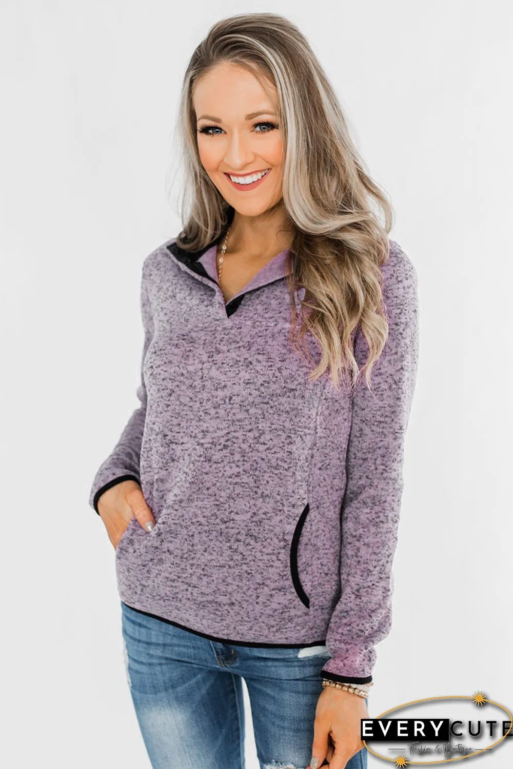 Purple Heathered Turn-down Collar Pullover Sweatshirt