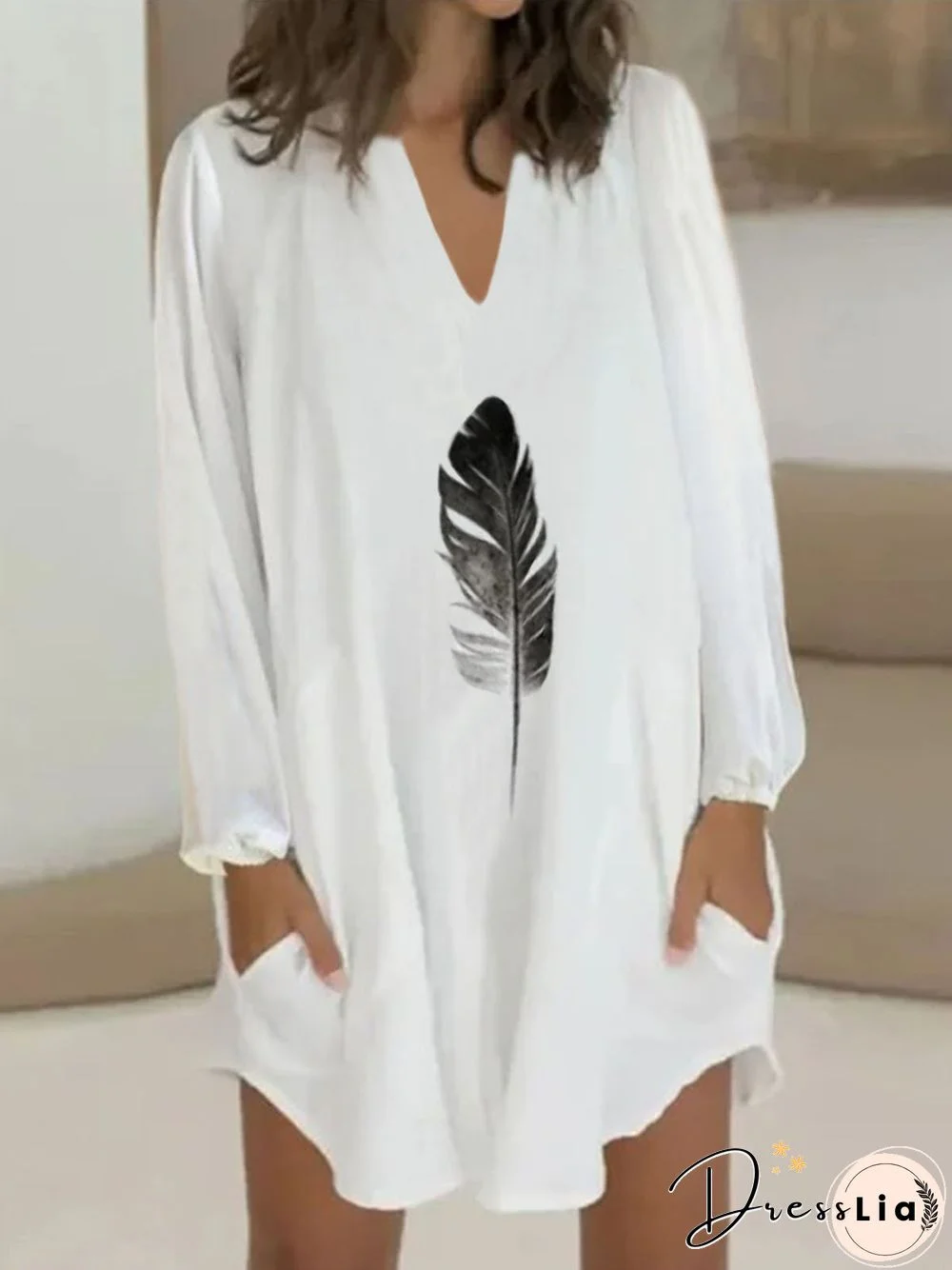 Casual Printed V neck Long Sleeve Weaving Dress