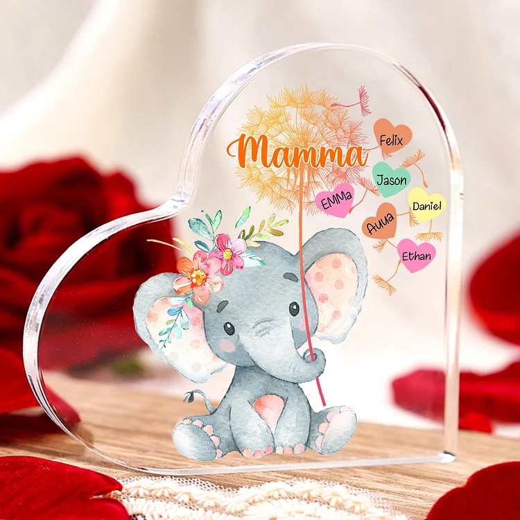 MAMMA/NONNA Decorazione acrilica con elefantino a forma di cuore 6 nomi personalizzati per mamma/nonna