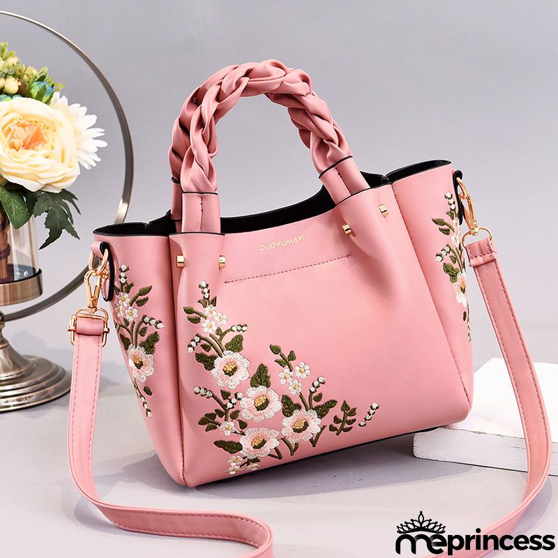 Women Vintage Flower Design Graphic Pattern Solid Color Large Capacity Shoulder Handle Bag