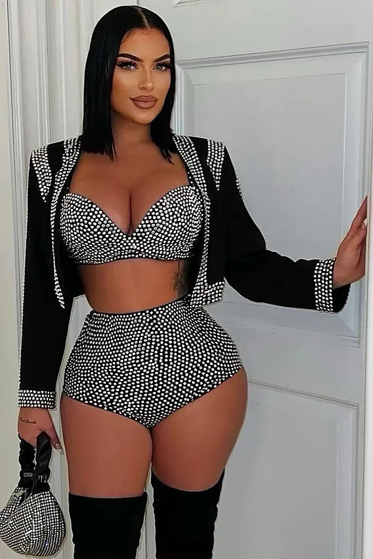 Hot Drilling Crop Jacket Cami Bra Skinny Shorts Party 3pcs Set-Black