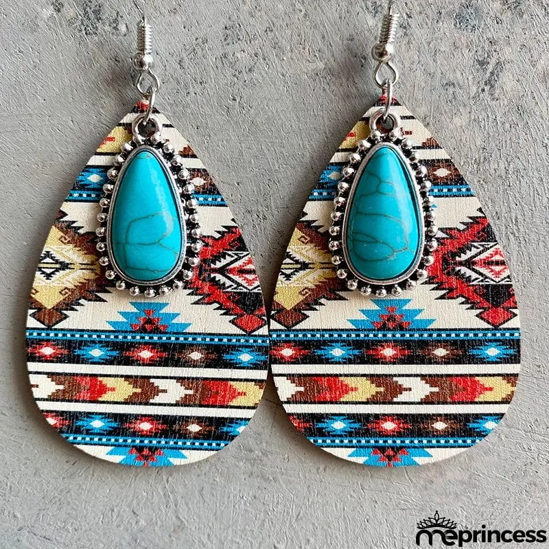 Turquoise Teardrop Shape Wooden Dangle Earrings