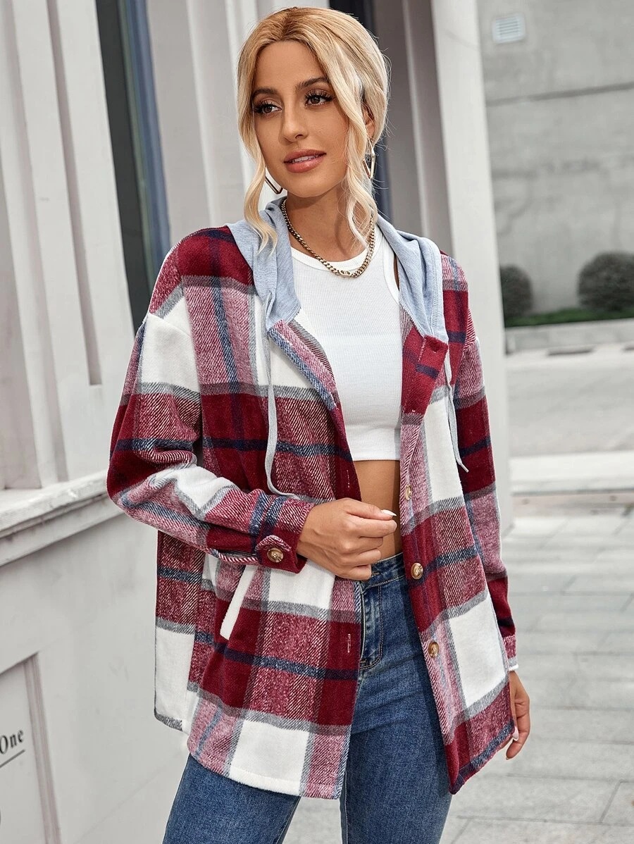  thdmladies Woolen Plaid Hooded Coat thedmladies