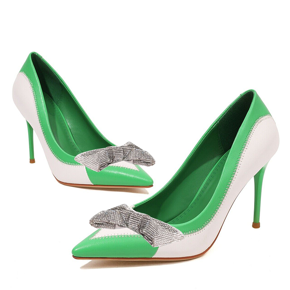 Green & White Pointed Toe 3'' Stiletto Heel Pumps with Bow Nicepairs