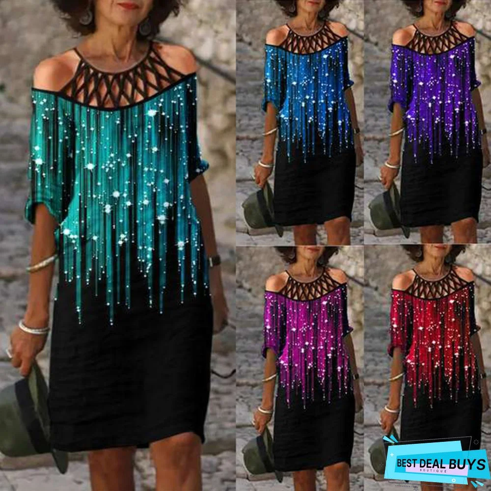 Fashion Patchwork Off Shoulder A-Line Dress Lace V-Neck Dress Women