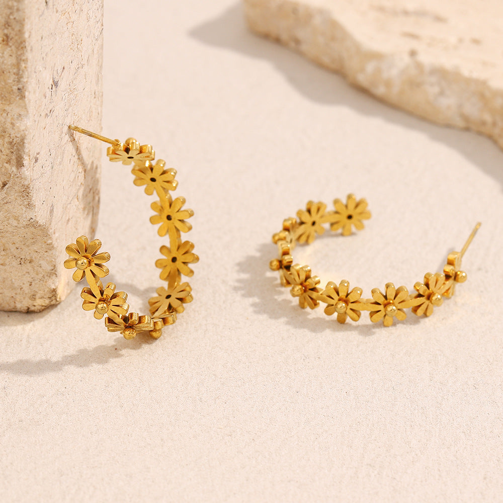 Ins Style Fashion Retro Earrings Stainless Steel 18K Gold Plated Flower C-Shaped Earrings For Women