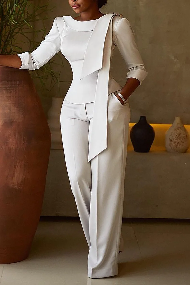 Plus Size Business Casual Pant Set White Solid 3/4 Sleeves Two Piece Pant Set With Pocket [Pre-Order]