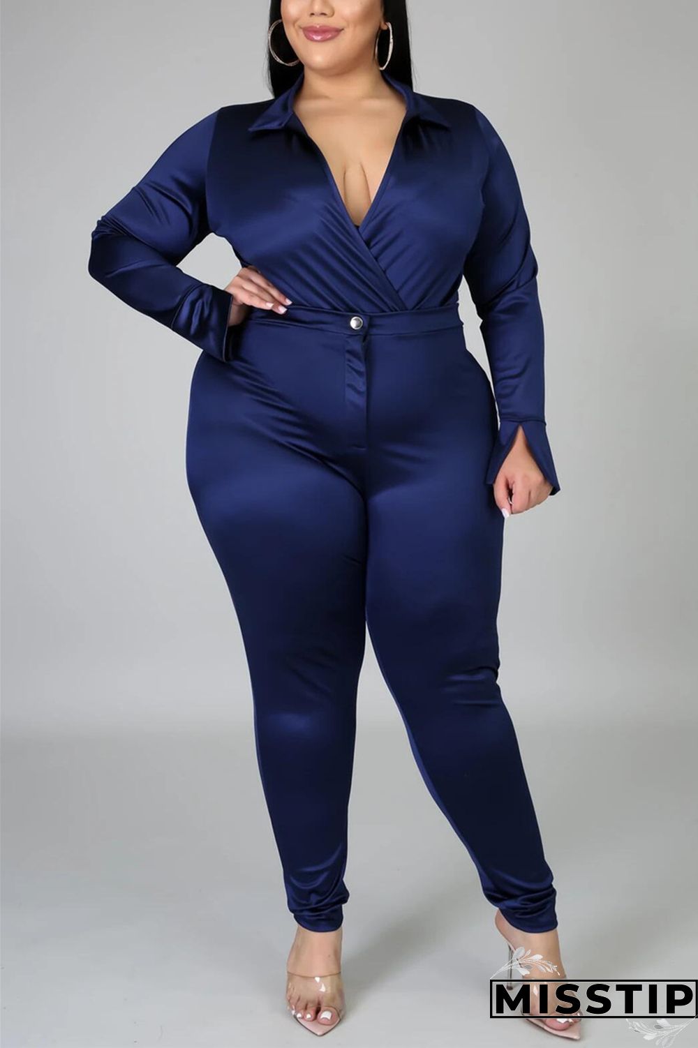 Blue Fashion Casual Solid Basic Turtleneck Plus Size Set