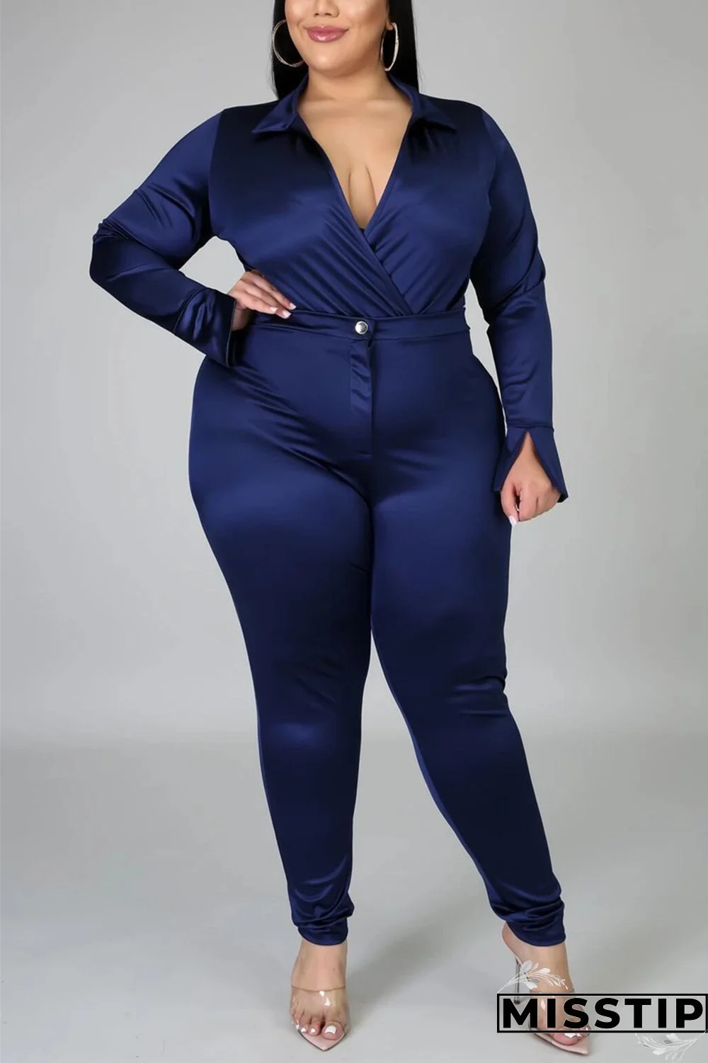 Blue Fashion Casual Solid Basic Turtleneck Plus Size Set