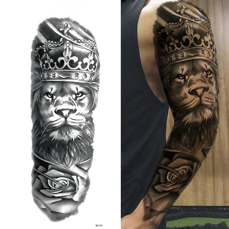 Large Full Arm Tattoo Lion Crown King Rose Waterproof Temporary Tatoo Sticker Wild Wolf Tiger Men Skull Totem Tattoo