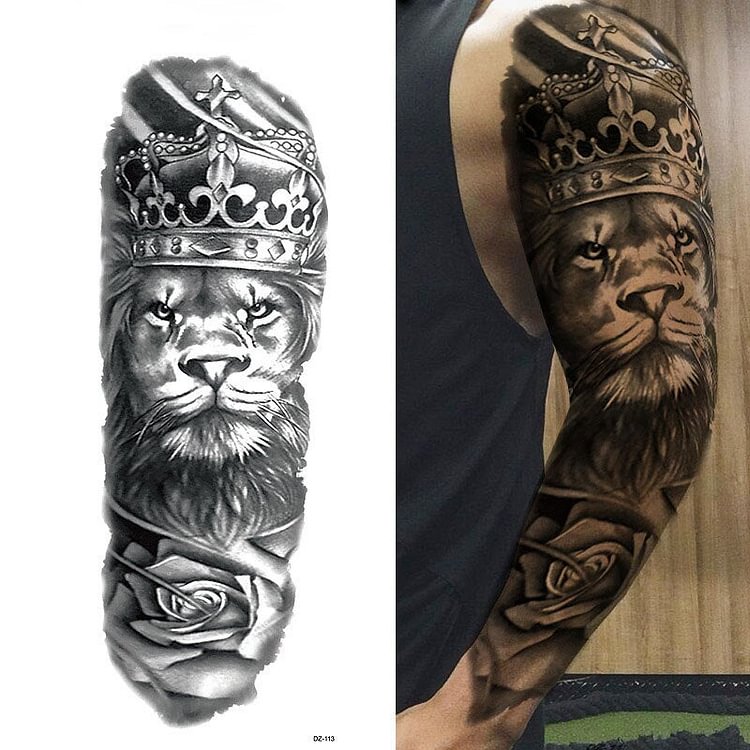 Large Full Arm Tattoo Lion Crown King Rose Waterproof Temporary Tatoo Sticker Wild Wolf Tiger Men Skull Totem Tattoo