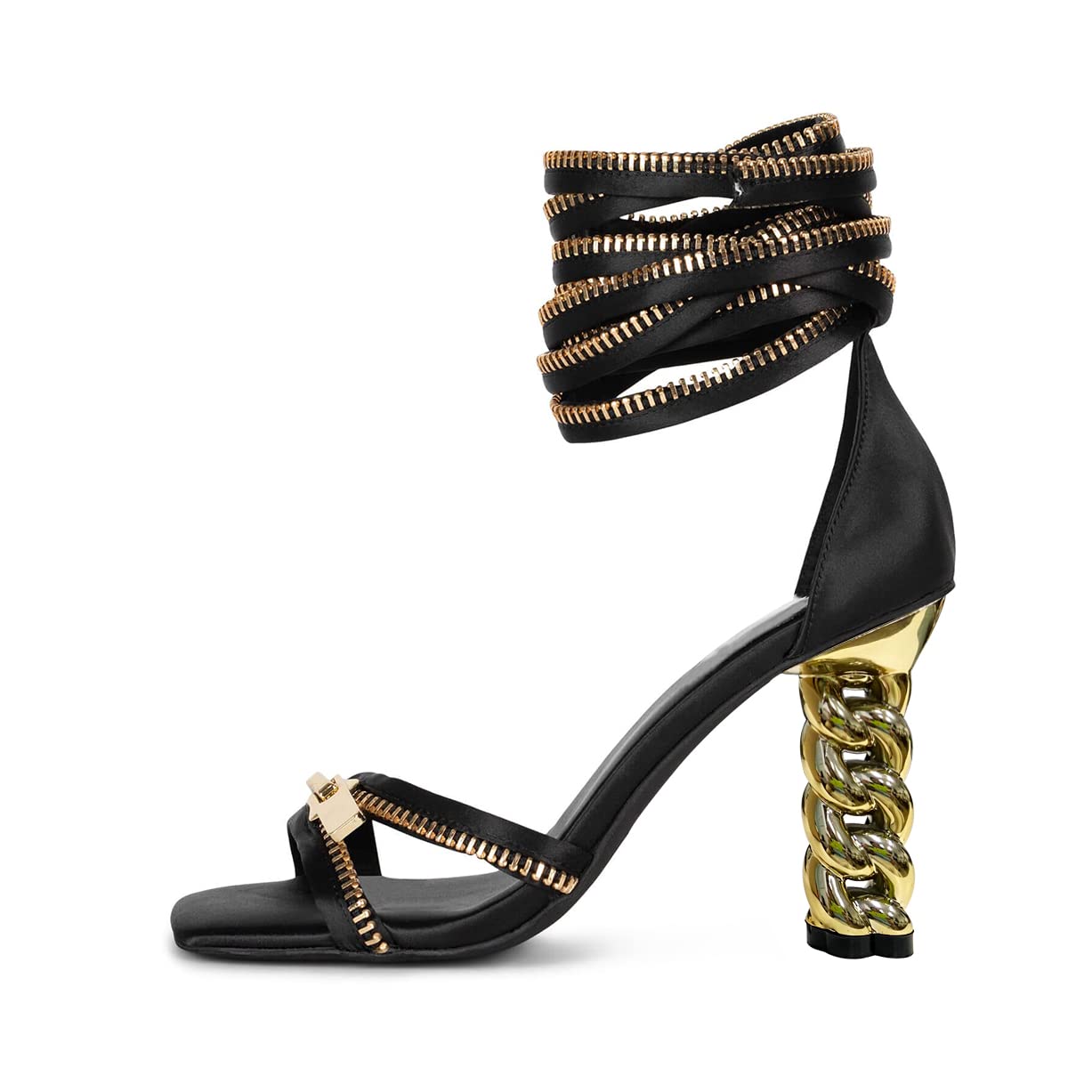 Black Lace-Up Zipper Strap Square Toe Sculptural Heel Women's Sandals Nicepairs