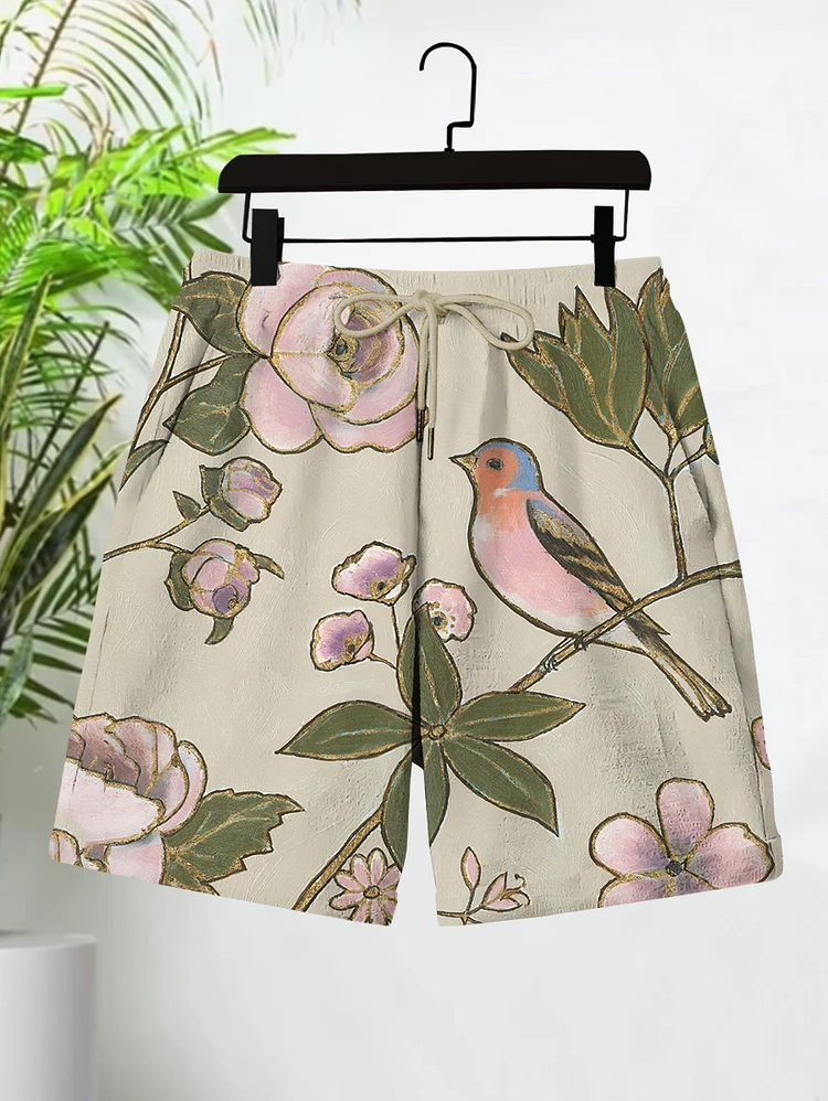 Men's Hawaiian Bird Flowers Art Print Casual Shorts