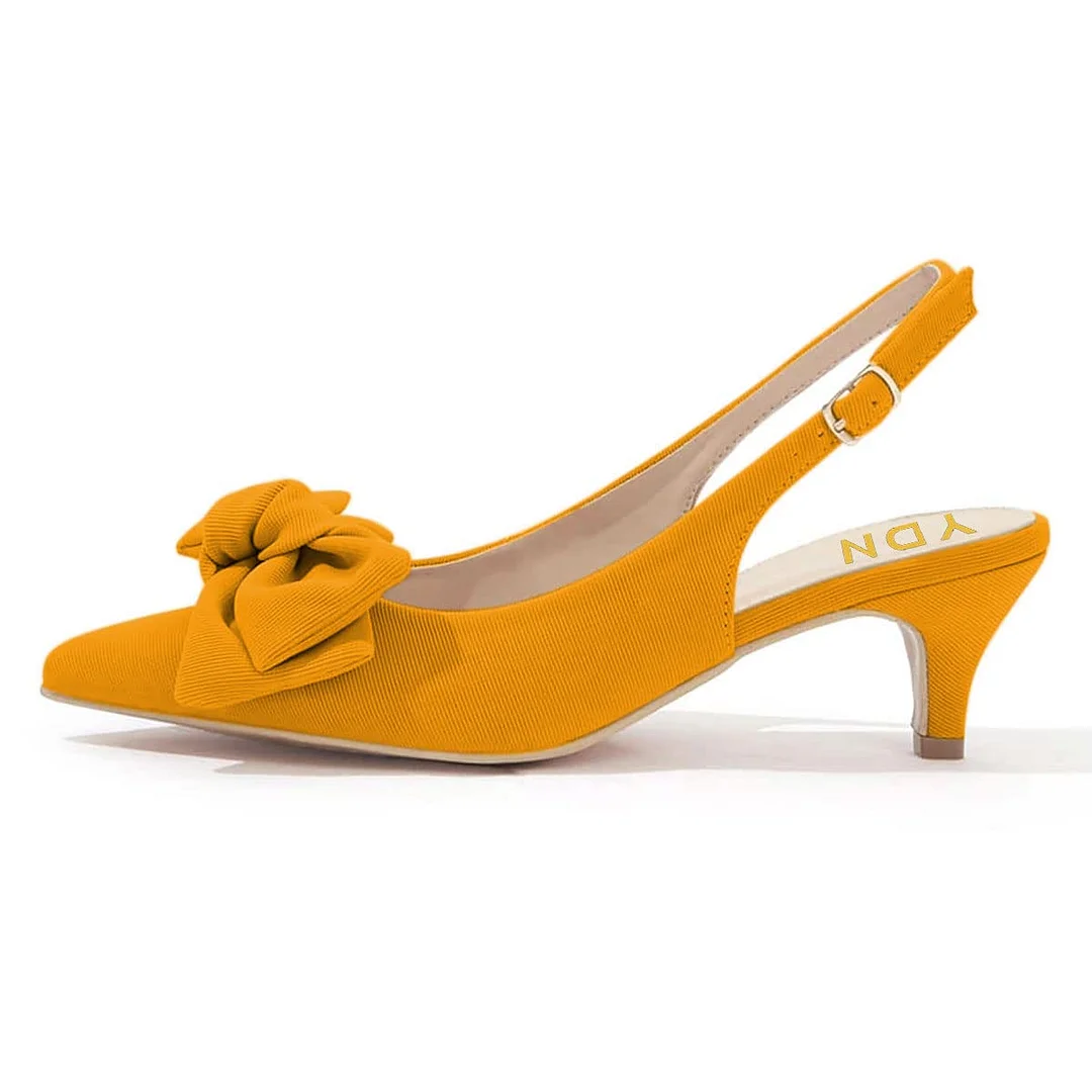 YDN Elegant Yellow Pointed Toe Kitten Heel Bow Slingback Pumps