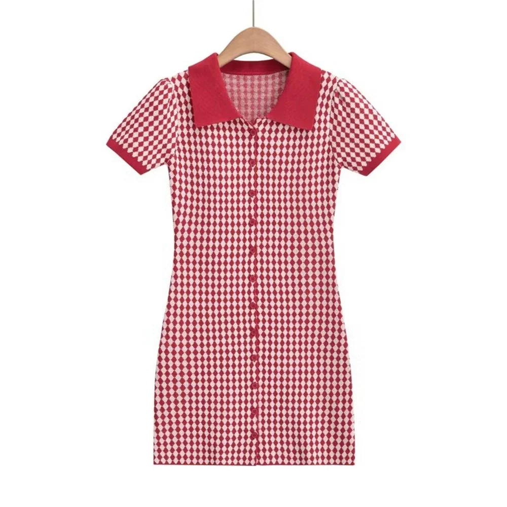 Ueong Trend Women's Lapel Small Diamond Lattice Single-Breasted Short-Sleeved Lapel Skirt Knitted Breasted Dress