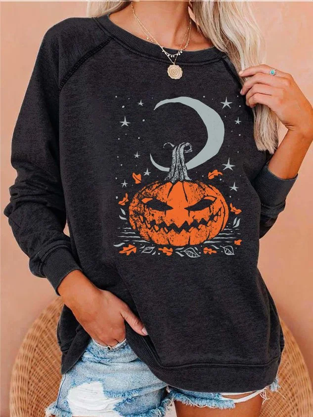 Women Pumpkin Light Star Moon Halloween Casual Sweatshirts
