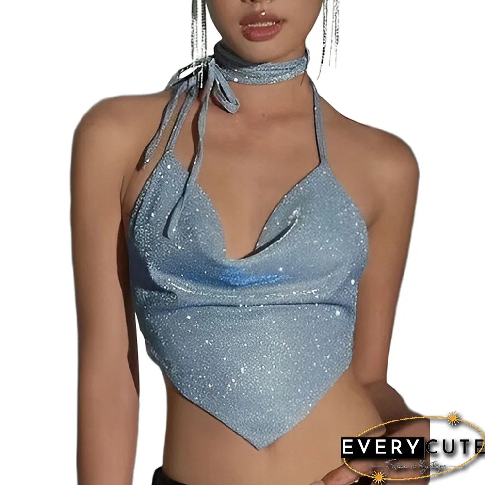 Blue Cowl Neck Backless Halter Crop Top