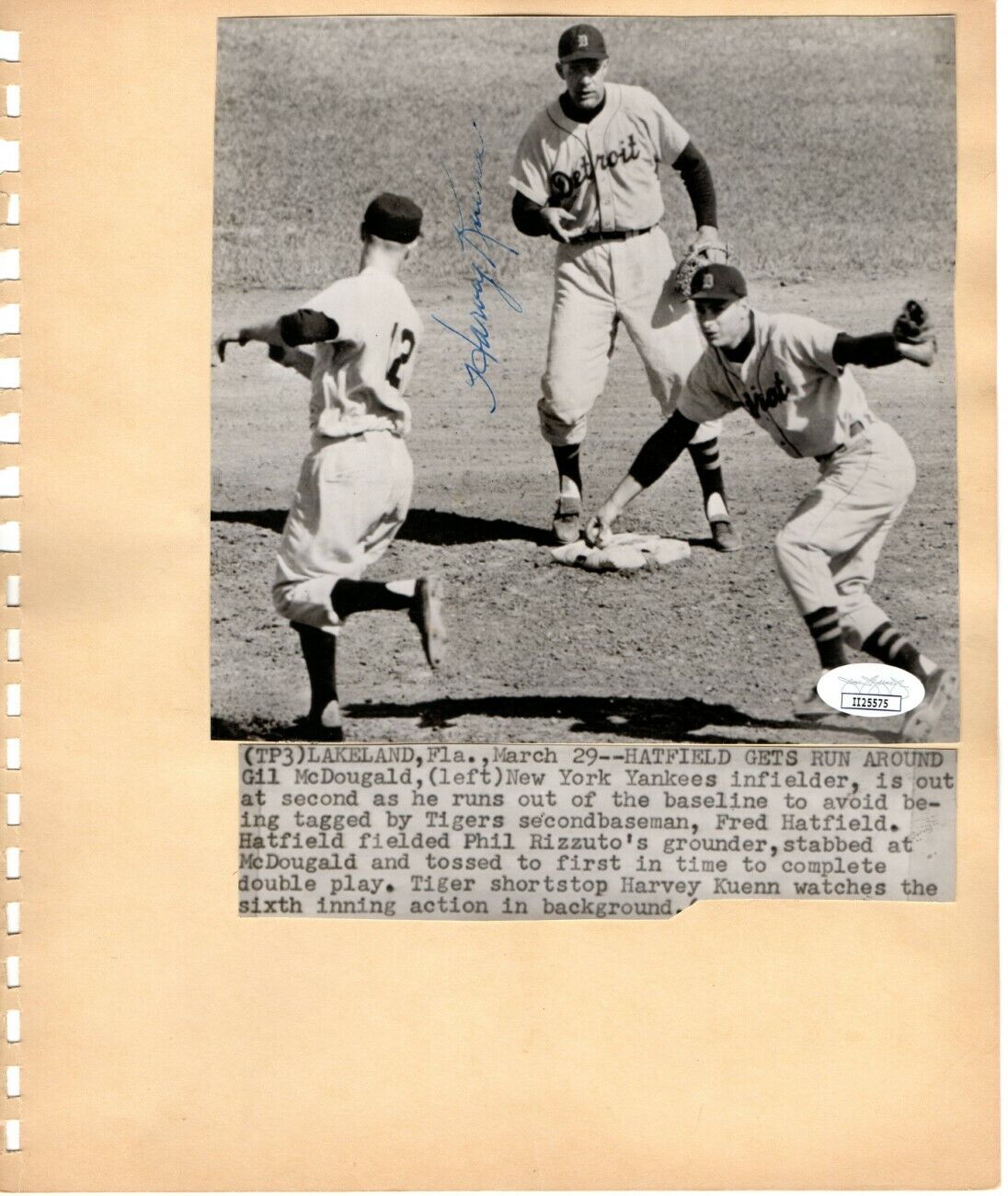 Harvey Kuenn Autographed Vintage Wire Photo Poster painting Scrapbook Page Tigers JSA II25575