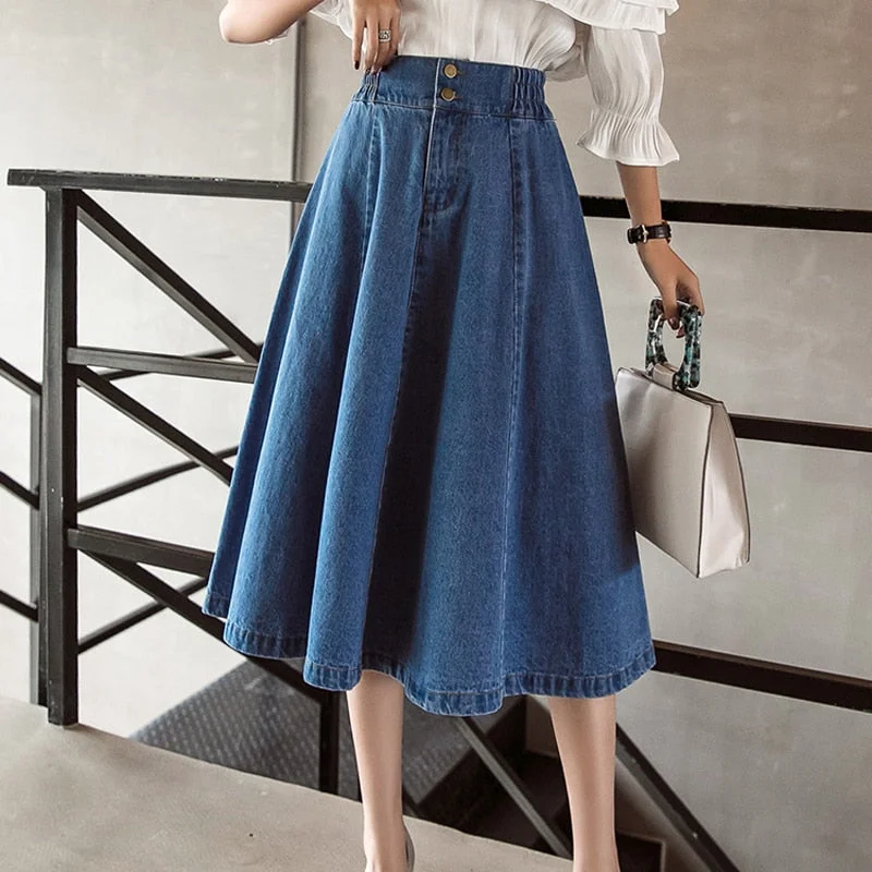 Zoki Elegant Women Denim Skirt Autumn Fashion Button A Line Jean Mid-calf Skirt Casual Korean Plus Size Loose Faldas Female 2021