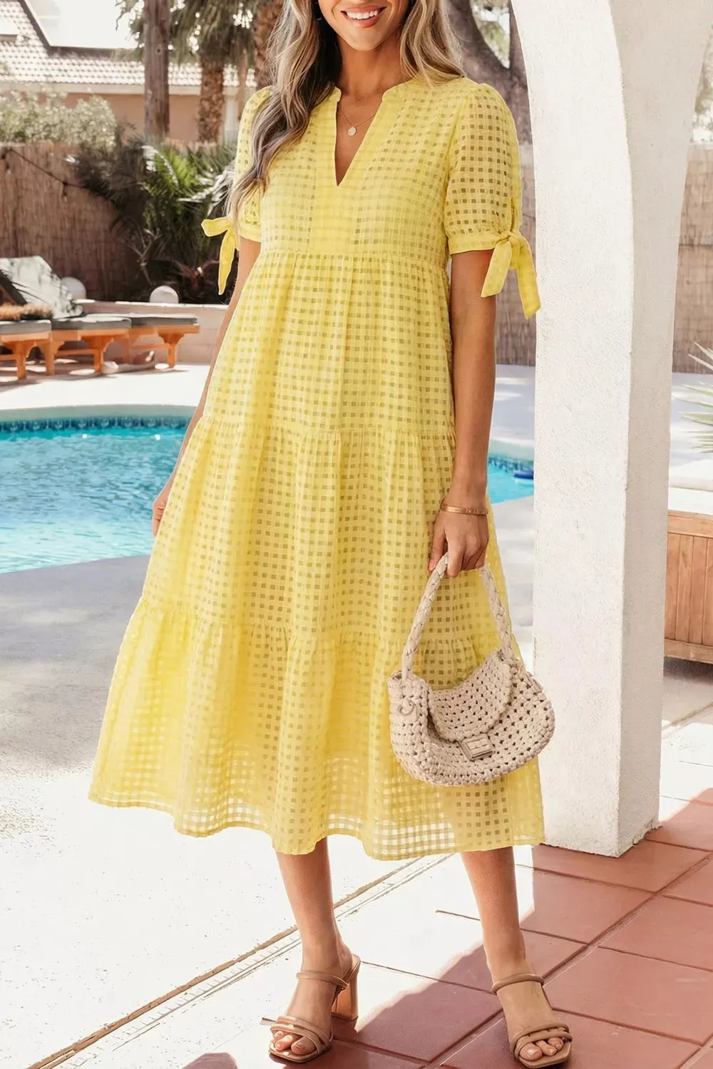 Gingham Textured Bow Tie Short Sleeve Tiered Midi Dress mysite idetrend