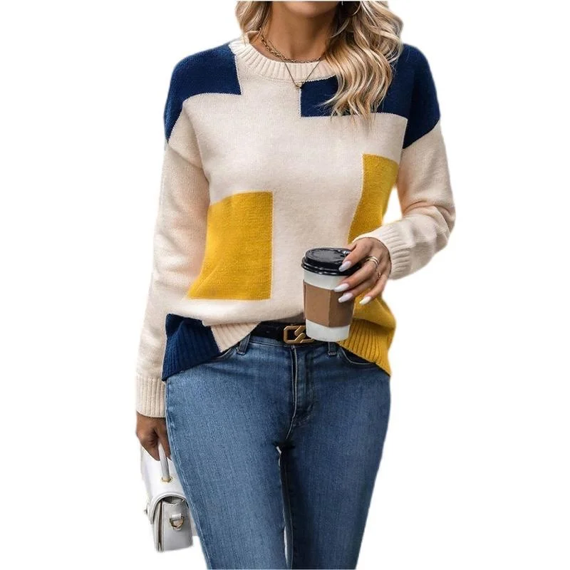 Nigikala Nigikala Shirt Splicing Colliding Color Sweater Loose Leisure Collar Collar Top Woman