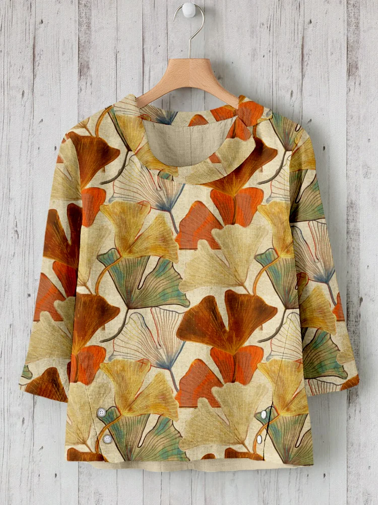 Ginkgo Leafs Pattern Linen Blend Cozy Shirt