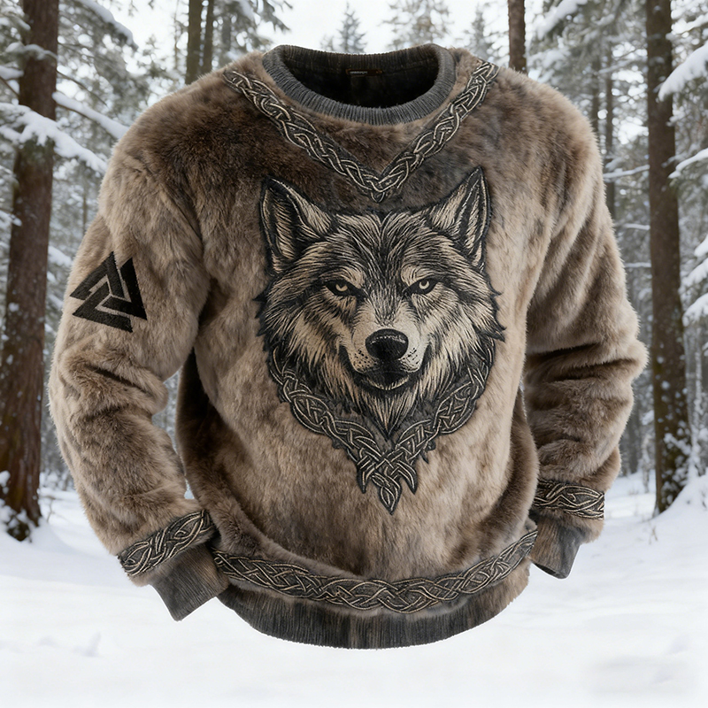 Men's Vintage Viking Wolf Celtic Art Cozy Warm Plush Sweatshirt elevenforest