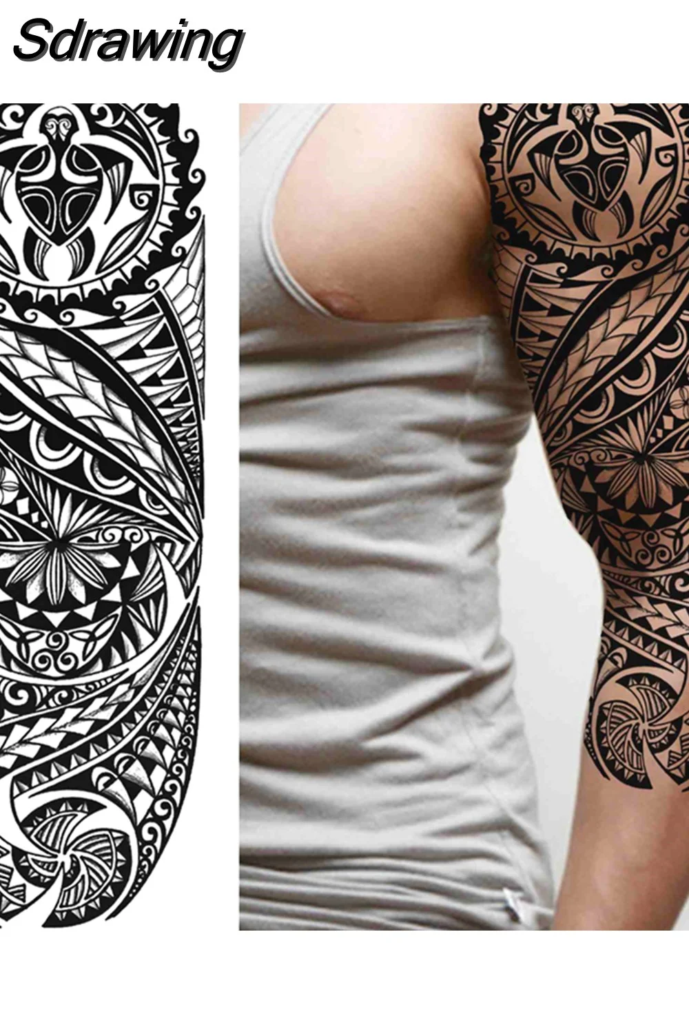 Sdrawing Arm Temporary Tattoos Sleeve For Men Women Realistic Fake Tatoos Warrior Lion Tiger Flower Tatoo Sticker Black Totem Maori 507-1
