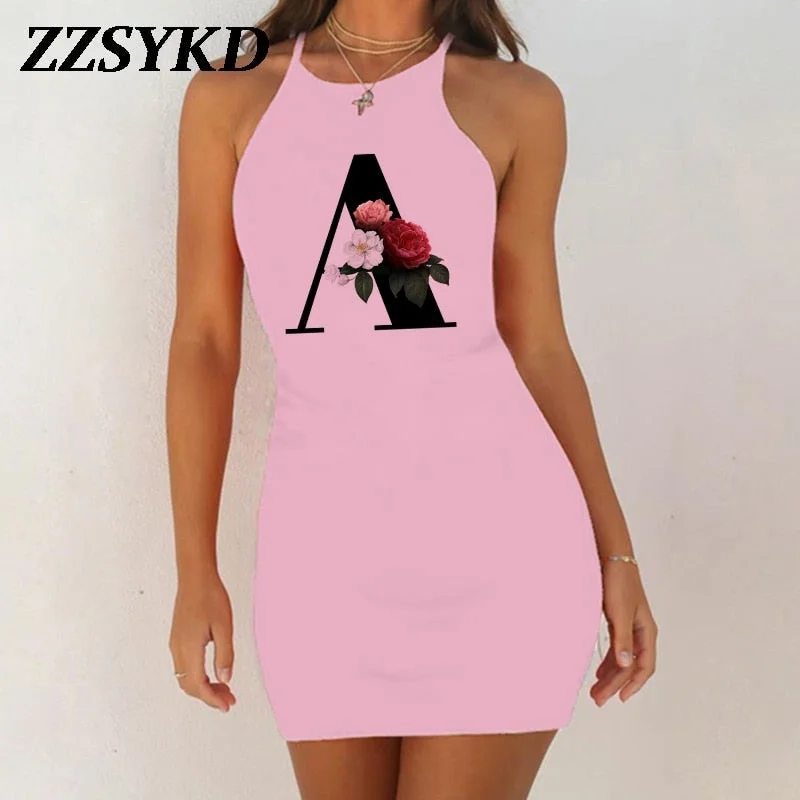 26 English Alphabet Print Summer Sexy Clothes Women Dresses 2020 Plus Size Dress Bodycon Evening Party O-Neck Pink Mini Vestidos