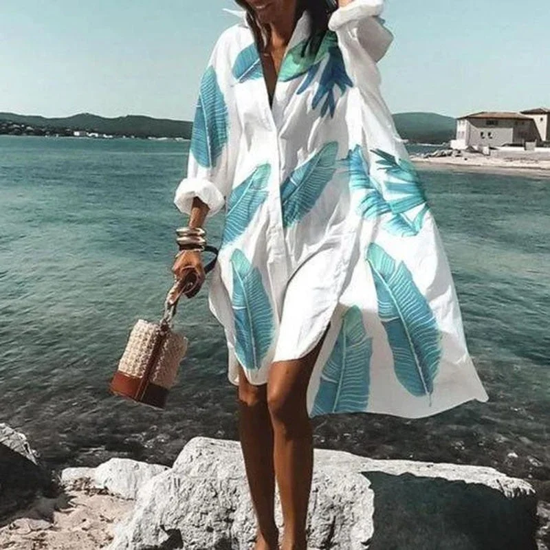 Women Buttons Shirt Dresses Autumn Elegant Floral Printed Long Sleeve Dress Ladies Casual Loose A-Line Beach Boho Dress Vestidos