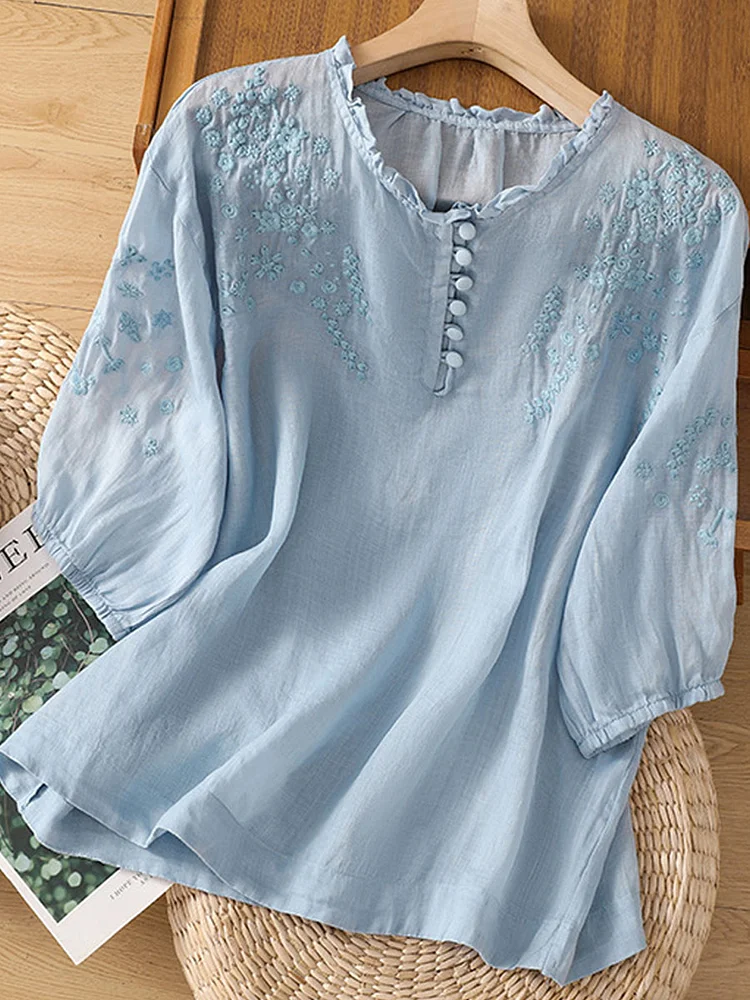 Casual Loose Solid Color Embroidered Short-Sleeved Blouse socialshop