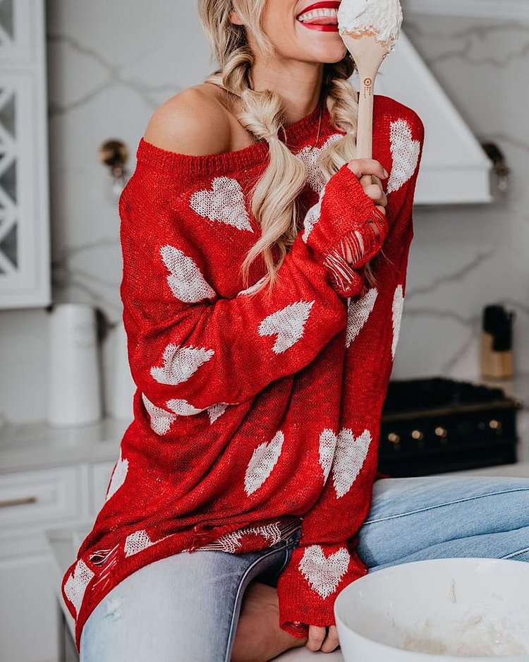 Heart Pattern Print Ripped Boat Neck Sweater - Shop Trendy Women's Clothing | LoverChic