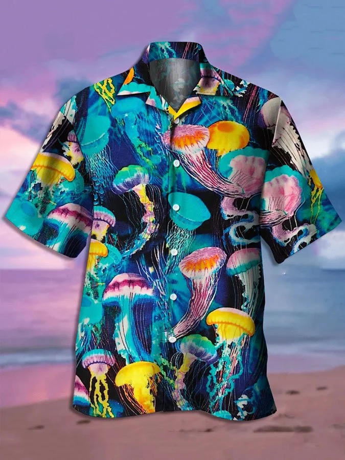 Mens Jellyfish Print Casual Breathable Hawaiian Short Sleeve Shirt