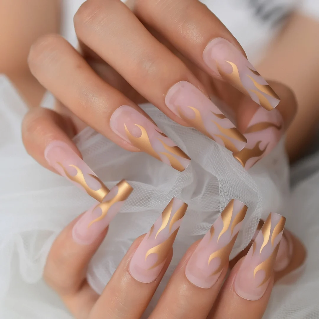 Clear Matte Base Press On Nail Gorgeous Gold Fire Flame Pattern Fashion Ballerina False Nails Extra Long 24-Nail Inspo