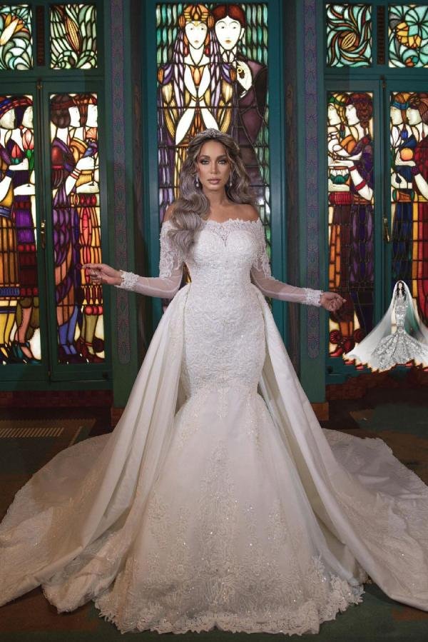 Modern Mermaid Off-the-Shoulder Long Detachable Wedding Dresses With Sleeves | Ballbellas Ballbellas