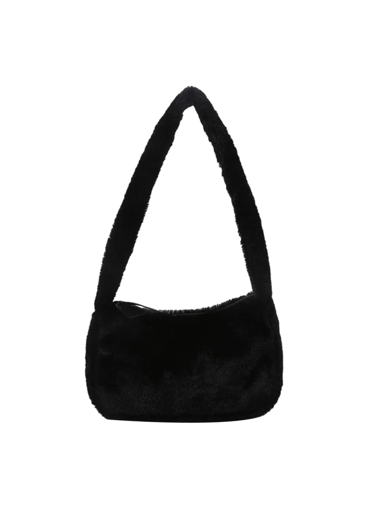 Retro Shoulder Handbags Women Solid Color Plush Underarm Bag Purse (Black)
